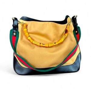 Vintage Gucci Tom Ford Era Bamboo Sherry Canvas 2-Way Made In Italy